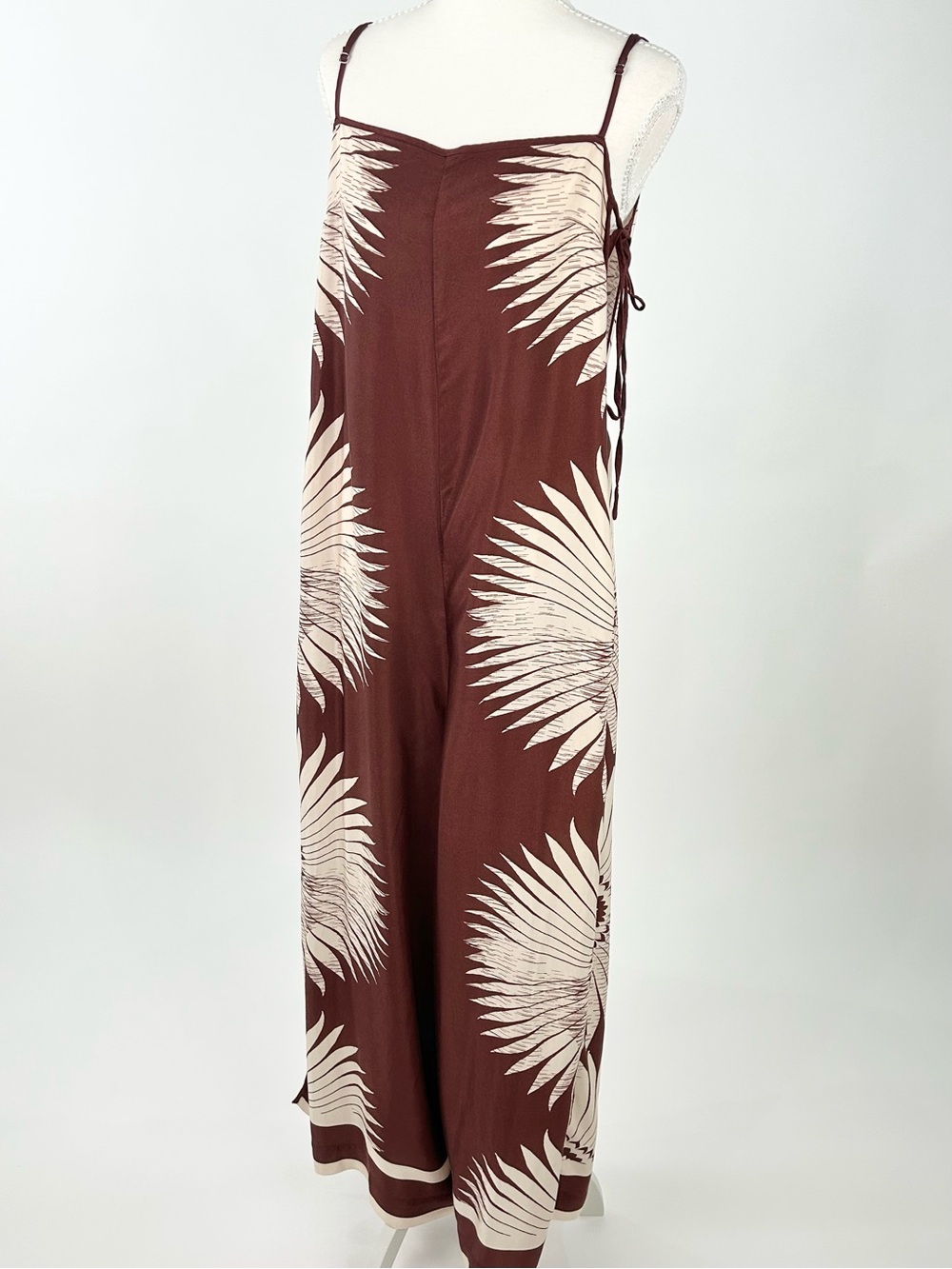 Anthropologie Floral Wide Leg Jumpsuit M Brown Cream Side Tie Boho Viscose